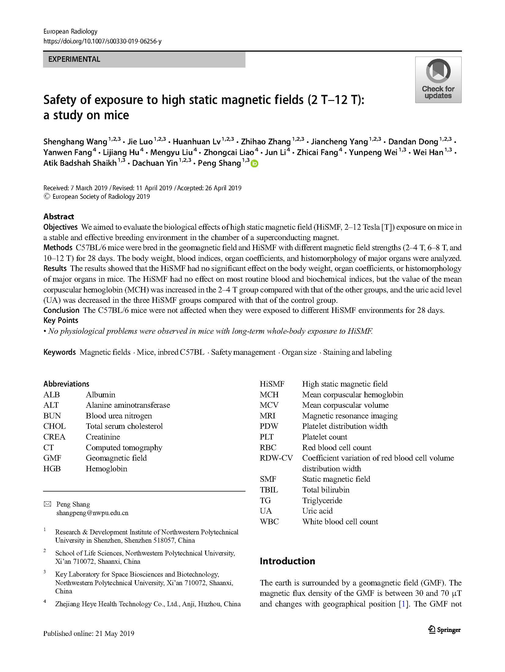 26-Safety of exposure to high static magnetic fields (2 T–12 T)_ a study on mice_页面_1
