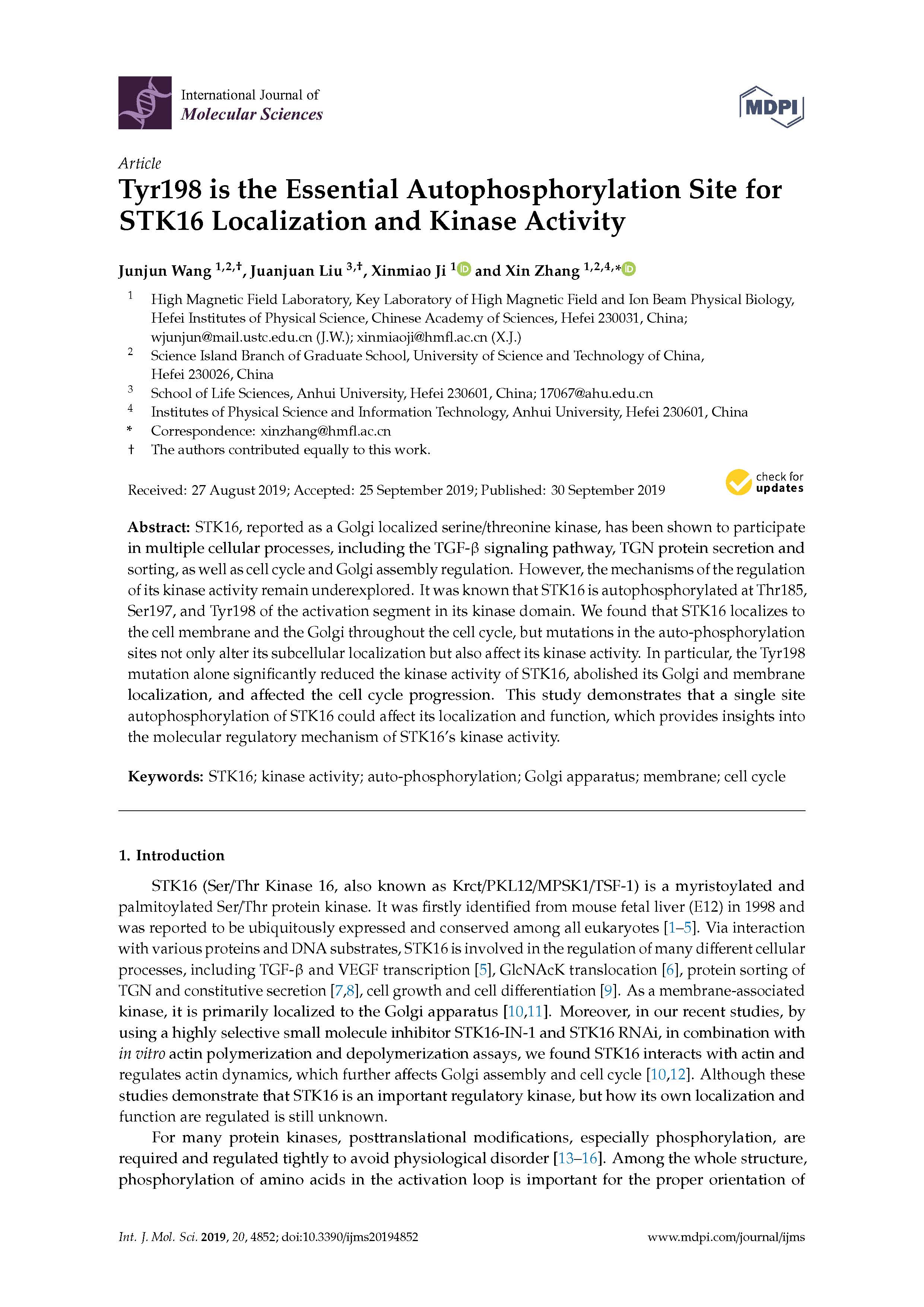 37-2019 Tyr198 is the essential autophosphorylation site for STK16 localization and kinase activity-张欣致谢文章_页面_01